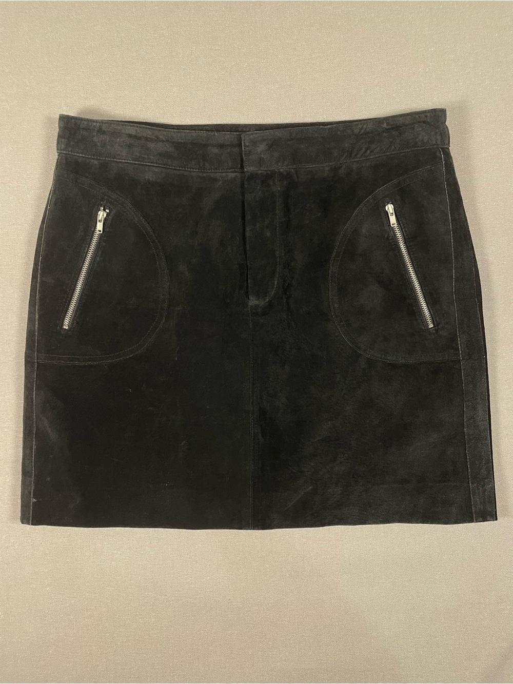 Vintage New Frontier Black Suede Zip Pocket Mini Skirt Size 6 Genuine Leather
